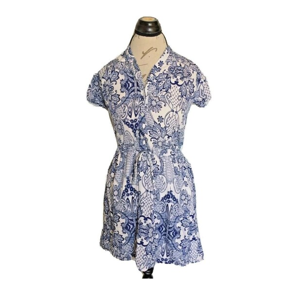 Atmosphere Women  Dress Size 4 Blue White Cap Sleeve Button Half Way Front Tied - Picture 2 of 12